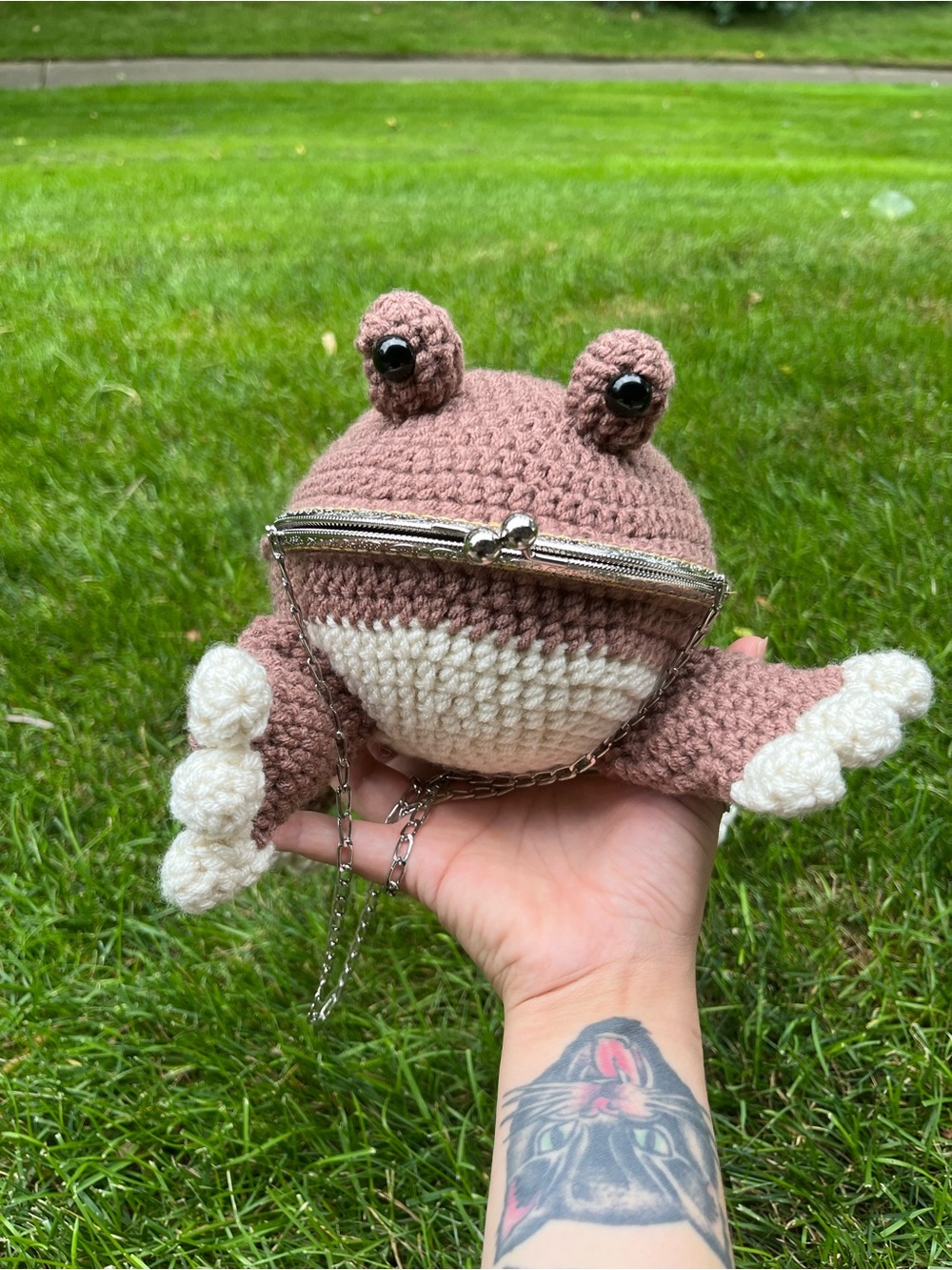 Handmade Brown and Cream Crochet Frog Crossbody Purse